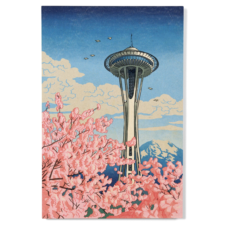 Seattle, Washington, Space Needle, Cherry Blossoms Woodblock, Wood Signs and Postcards Wood Lantern Press 