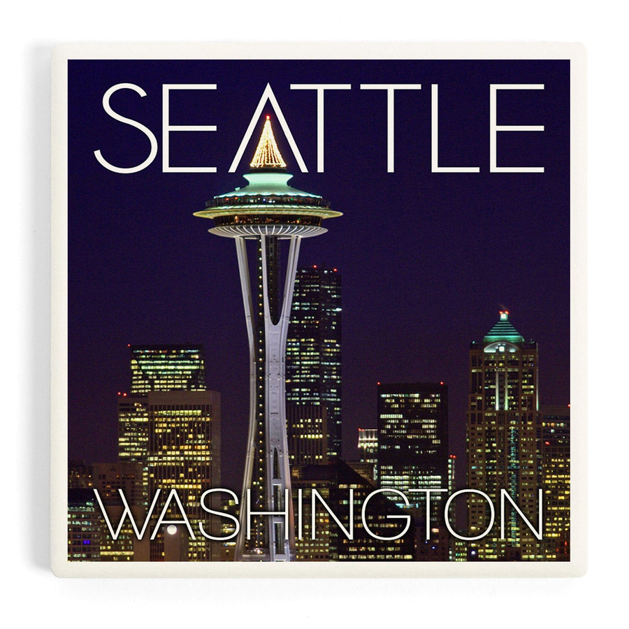 Seattle, Washington, Space Needle Christmas at Night, Coasters Coasters Lantern Press 