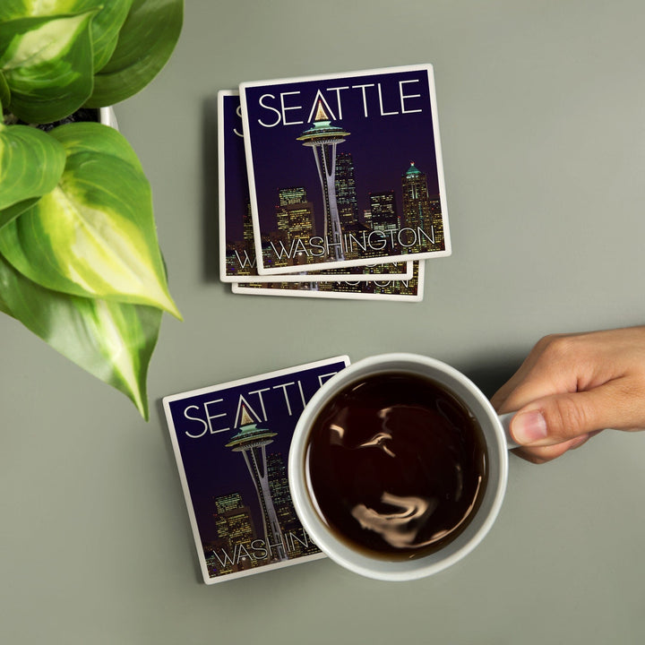 Seattle, Washington, Space Needle Christmas at Night, Coasters Coasters Lantern Press 