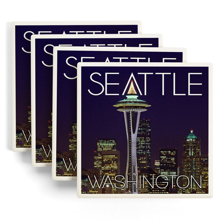 Seattle, Washington, Space Needle Christmas at Night, Coasters Coasters Lantern Press 