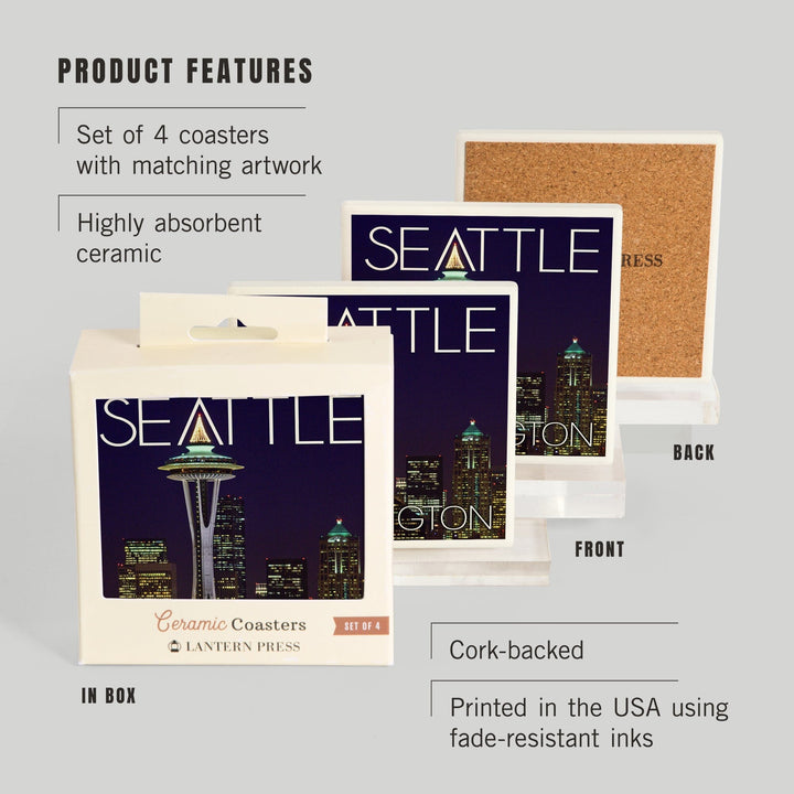 Seattle, Washington, Space Needle Christmas at Night, Coasters Coasters Lantern Press 