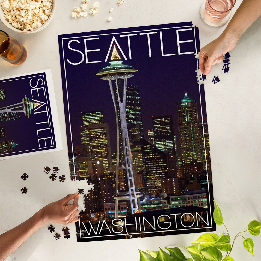 Seattle, Washington, Space Needle Christmas at Night, Jigsaw Puzzle Puzzle Lantern Press 