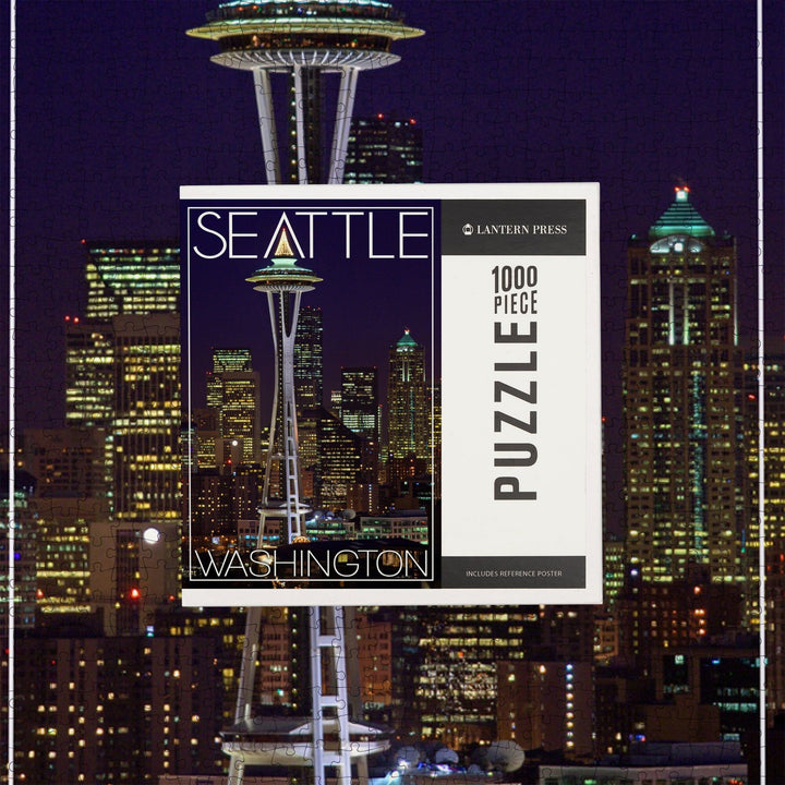 Seattle, Washington, Space Needle Christmas at Night, Jigsaw Puzzle Puzzle Lantern Press 