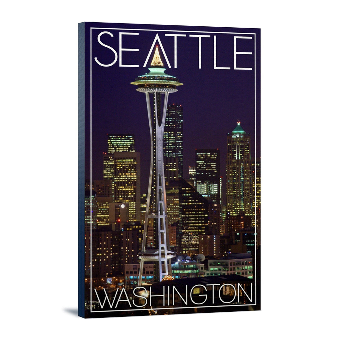 Seattle, Washington, Space Needle Christmas at Night, Lantern Press Photography, Stretched Canvas Canvas Lantern Press 12x18 Stretched Canvas 