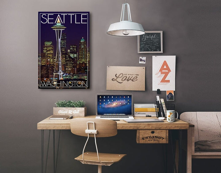 Seattle, Washington, Space Needle Christmas at Night, Lantern Press Photography, Stretched Canvas Canvas Lantern Press 