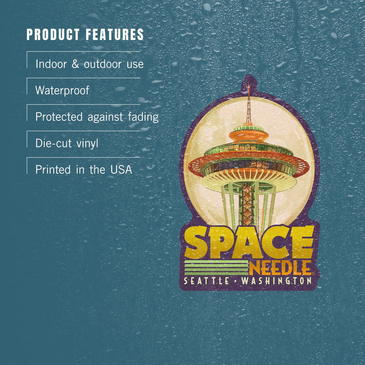Seattle, Washington, Space Needle & Full Moon, Contour, Lantern Press Artwork, Vinyl Sticker Sticker Lantern Press 