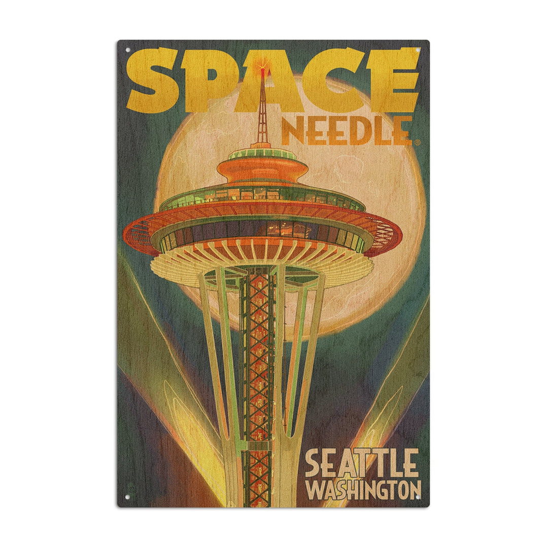 Seattle, Washington, Space Needle & Full Moon, Lantern Press Artwork, Wood Signs and Postcards Wood Lantern Press 10 x 15 Wood Sign 