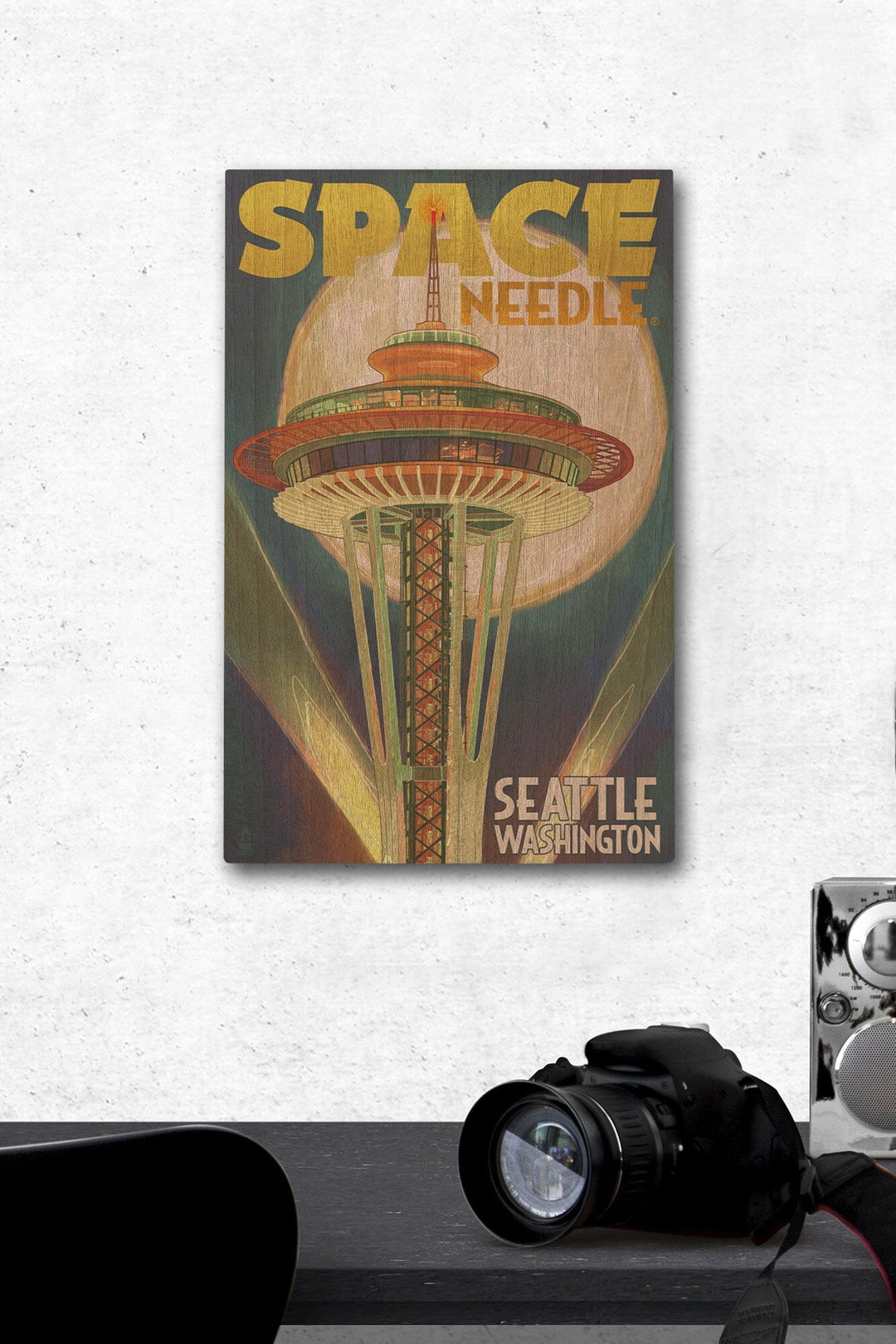 Seattle, Washington, Space Needle & Full Moon, Lantern Press Artwork, Wood Signs and Postcards Wood Lantern Press 12 x 18 Wood Gallery Print 