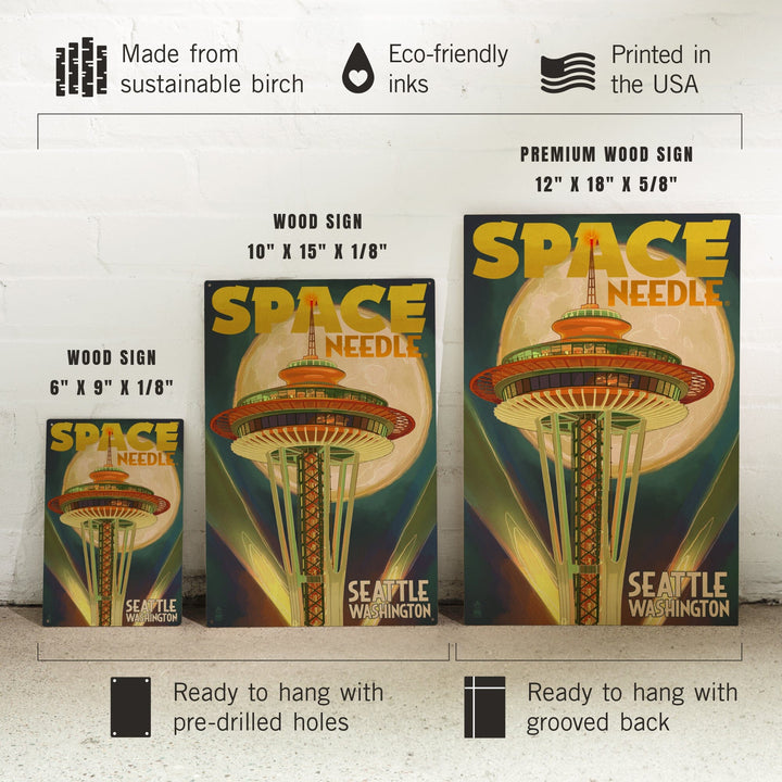 Seattle, Washington, Space Needle & Full Moon, Lantern Press Artwork, Wood Signs and Postcards Wood Lantern Press 