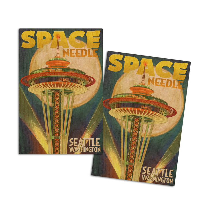 Seattle, Washington, Space Needle & Full Moon, Lantern Press Artwork, Wood Signs and Postcards Wood Lantern Press 4x6 Wood Postcard Set 