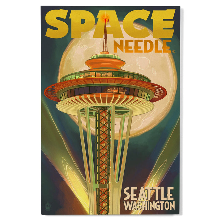 Seattle, Washington, Space Needle & Full Moon, Lantern Press Artwork, Wood Signs and Postcards Wood Lantern Press 