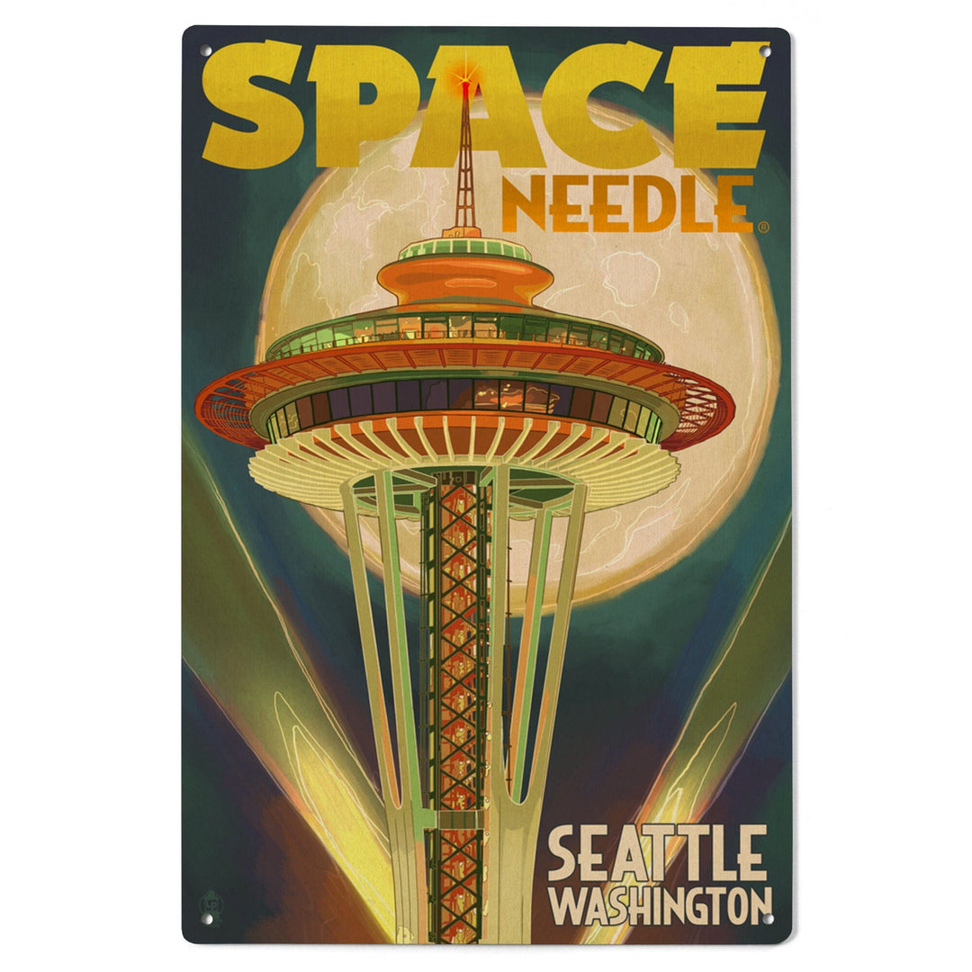 Seattle, Washington, Space Needle & Full Moon, Lantern Press Artwork, Wood Signs and Postcards Wood Lantern Press 