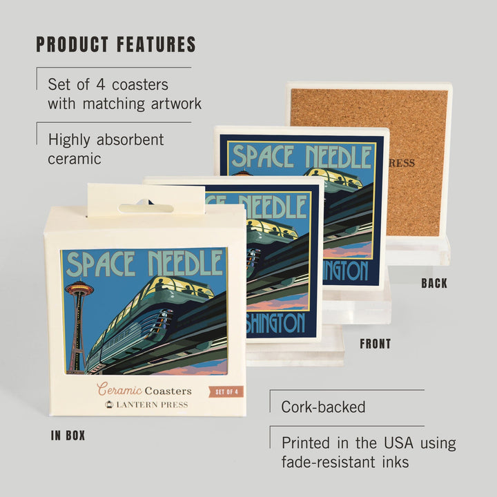 Seattle, Washington, Space Needle & Monorail, Lantern Press Artwork, Coaster Set Coasters Lantern Press 