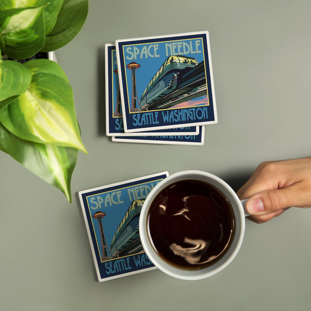 Seattle, Washington, Space Needle & Monorail, Lantern Press Artwork, Coaster Set Coasters Lantern Press 