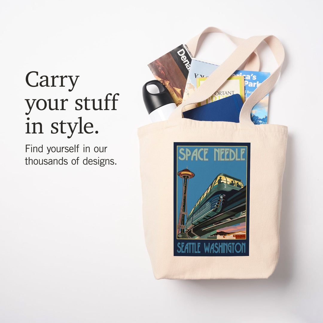 Seattle, Washington, Space Needle & Monorail, Lantern Press Artwork, Tote Bag Totes Lantern Press 