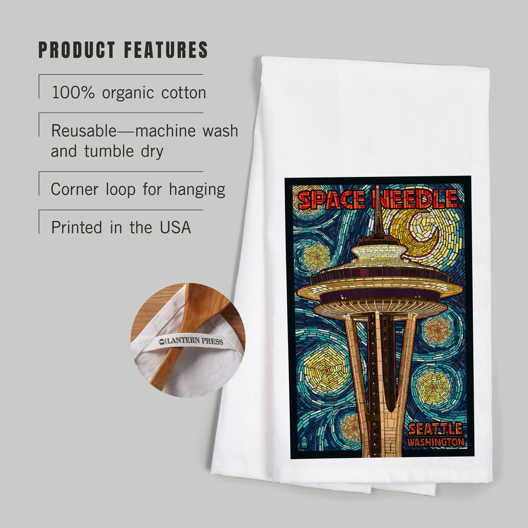 Seattle, Washington, Space Needle Mosaic, Organic Cotton Kitchen Tea Towels Kitchen Lantern Press 