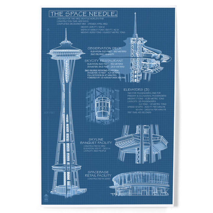 Seattle, Washington, Space Needle Technical Drawing (Blueprint), Art & Giclee Prints Art Lantern Press 8 x 12 Art Print 