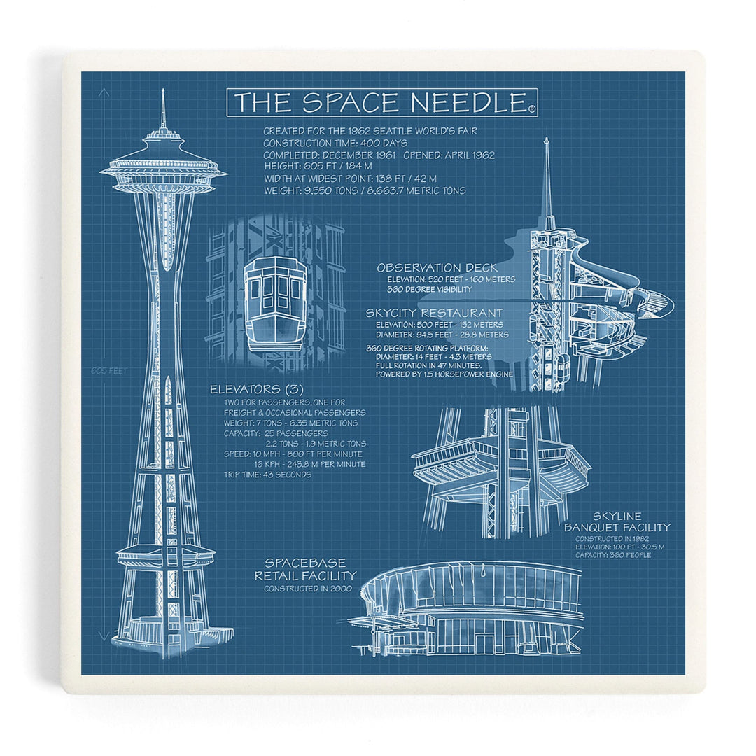 Seattle, Washington, Space Needle Technical Drawing (Blueprint), Coasters Coasters Lantern Press 