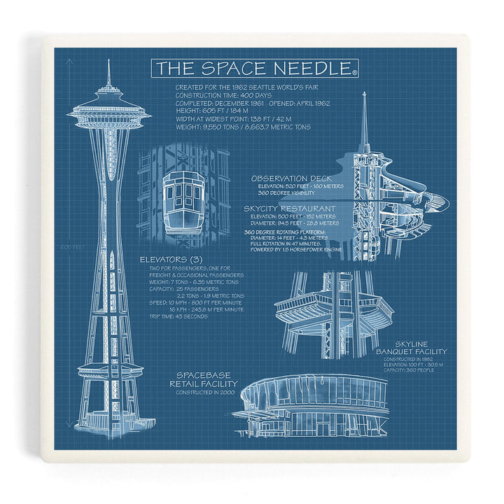 Seattle, Washington, Space Needle Technical Drawing (Blueprint), Coasters Coasters Lantern Press 