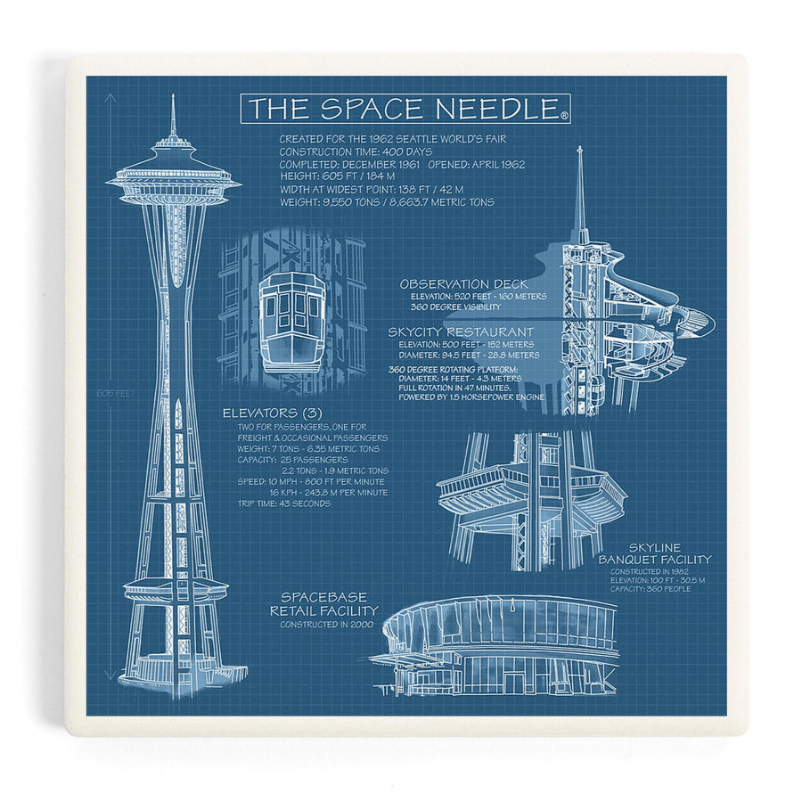 Seattle, Washington, Space Needle Technical Drawing (Blueprint), Coasters Coasters Lantern Press 