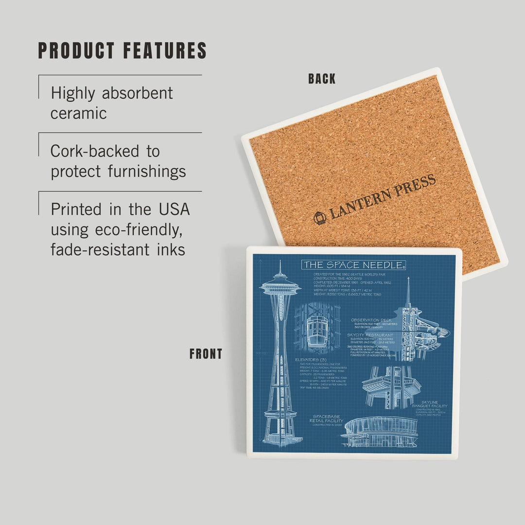 Seattle, Washington, Space Needle Technical Drawing (Blueprint), Coasters Coasters Lantern Press 
