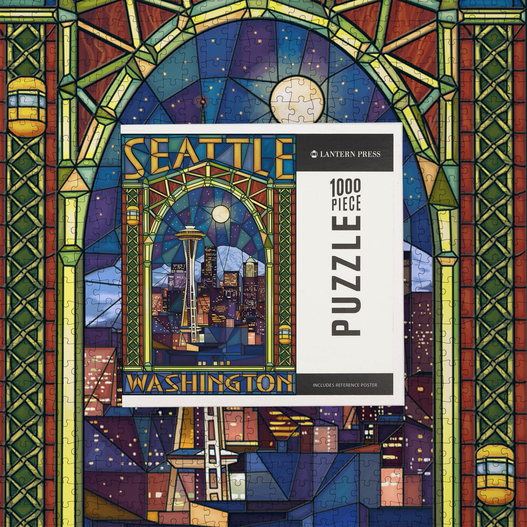 Seattle, Washington, Stained Glass Window, Jigsaw Puzzle Puzzle Lantern Press 