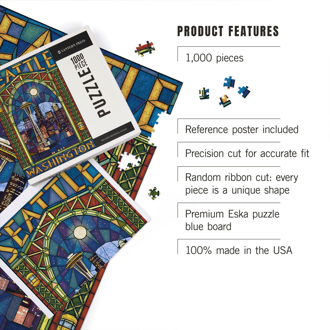 Seattle, Washington, Stained Glass Window, Jigsaw Puzzle Puzzle Lantern Press 