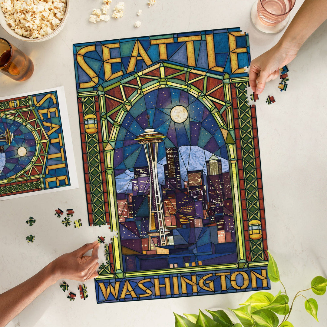 Seattle, Washington, Stained Glass Window, Jigsaw Puzzle Puzzle Lantern Press 