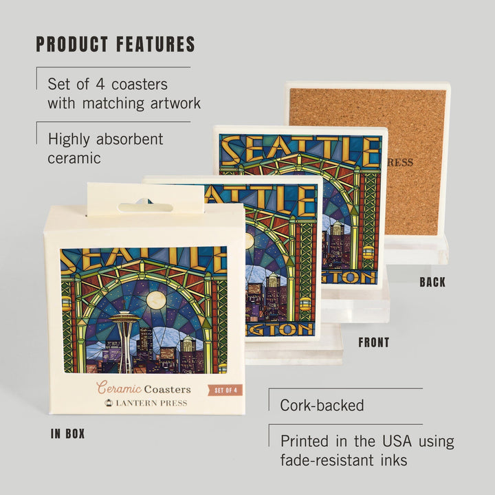 Seattle, Washington, Stained Glass Window, Lantern Press Artwork, Coaster Set Coasters Lantern Press 