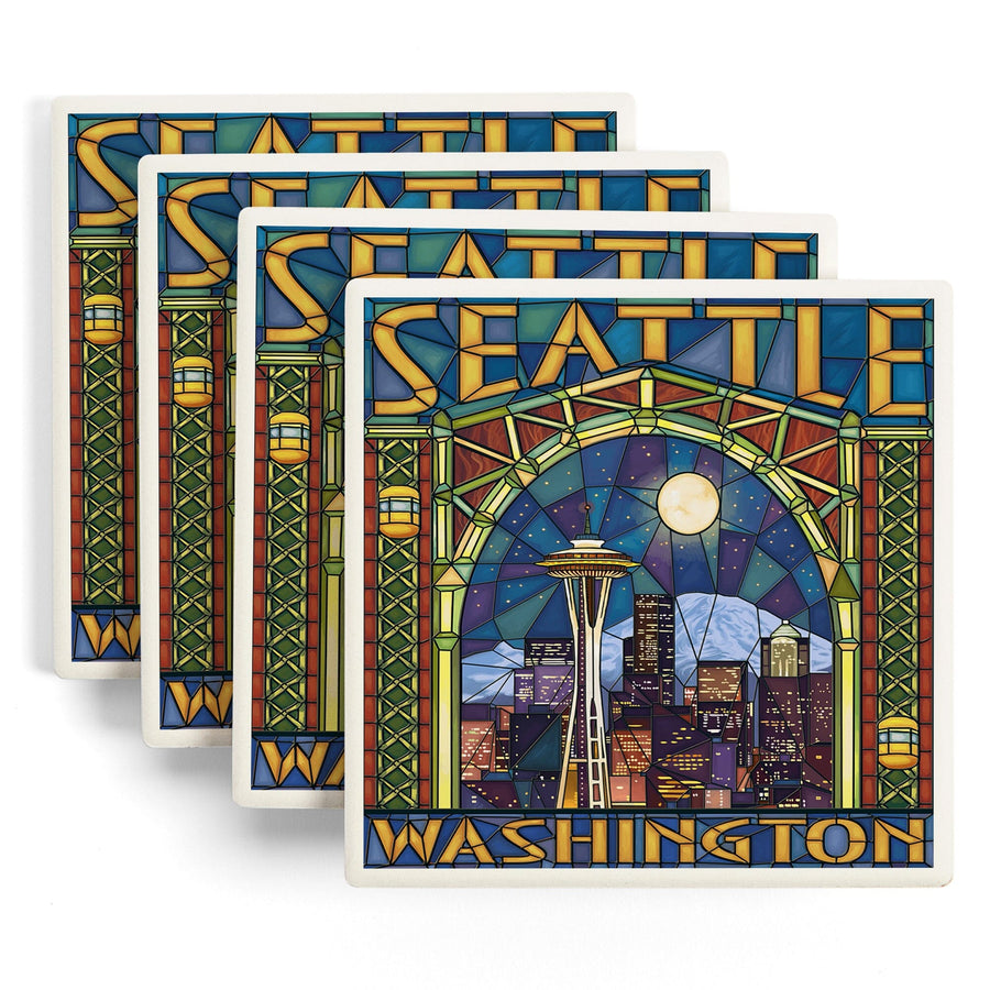 Seattle, Washington, Stained Glass Window, Lantern Press Artwork, Coaster Set Coasters Lantern Press 