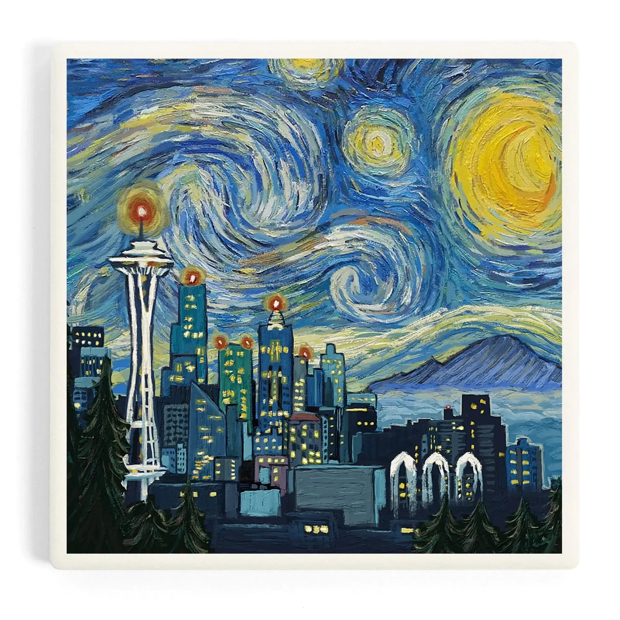 Seattle, Washington, Starry Night City Series ceramic coaster set