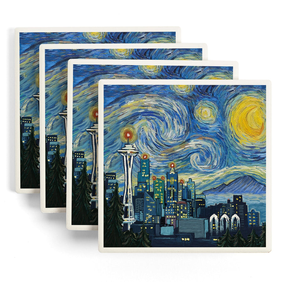 Seattle, Washington, Starry Night City Series, Lantern Press Artwork, Coaster Set Coasters Lantern Press 