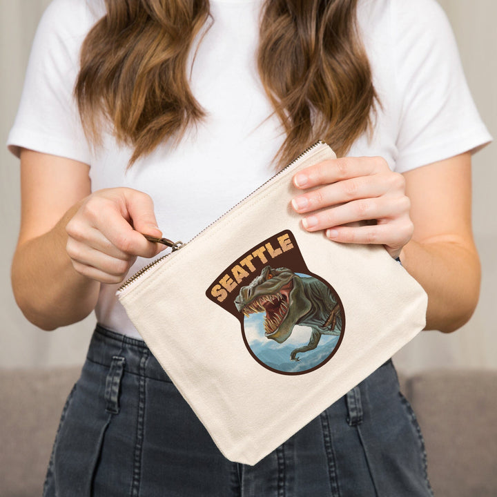 Seattle, Washington, T Rex Dinosaur,, Organic Cotton Zipper Pouch, Go Bag Go Bag Lantern Press 