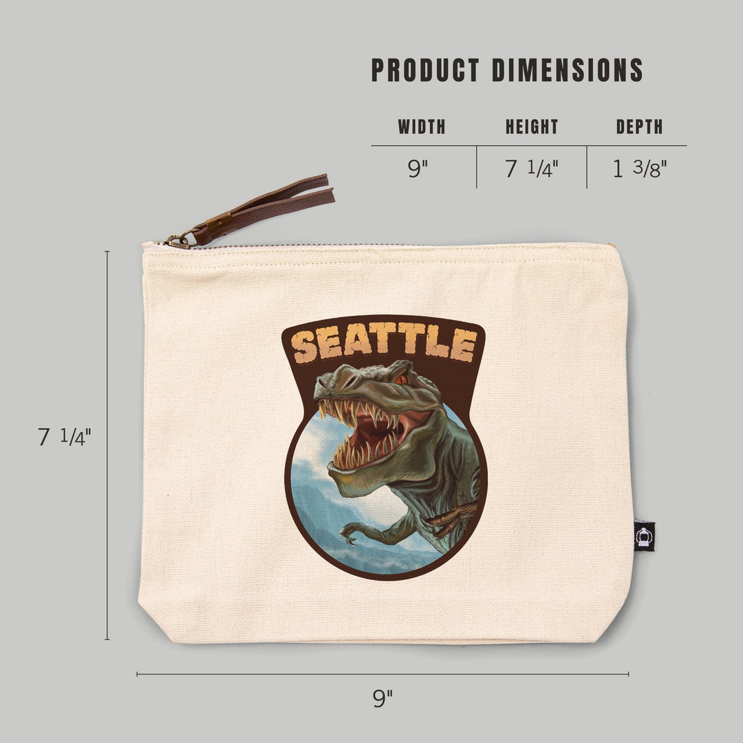 Seattle, Washington, T Rex Dinosaur,, Organic Cotton Zipper Pouch, Go Bag Go Bag Lantern Press 