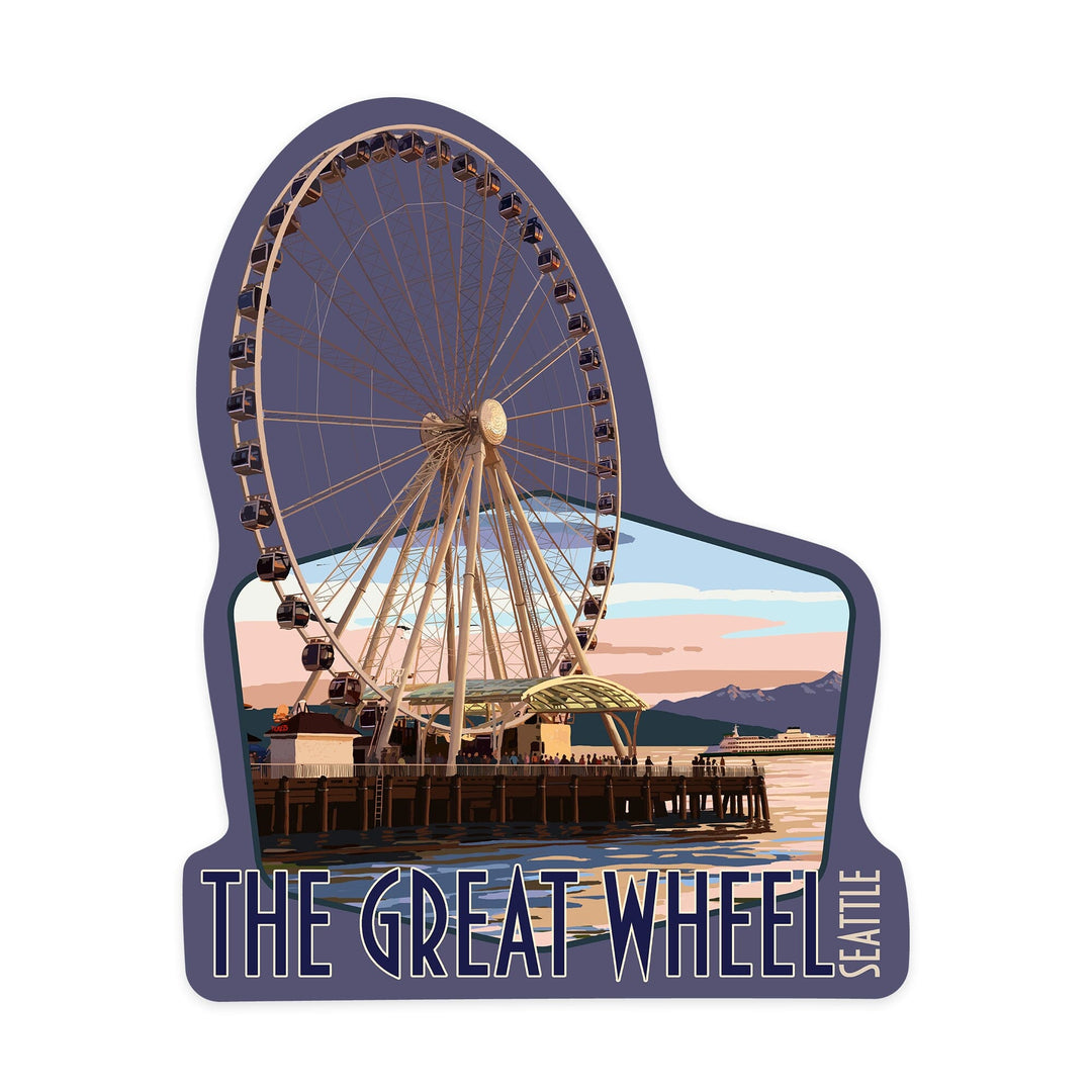 Seattle, Washington, The Great Wheel at Sunset, Contour, Vinyl Sticker Sticker Lantern Press 