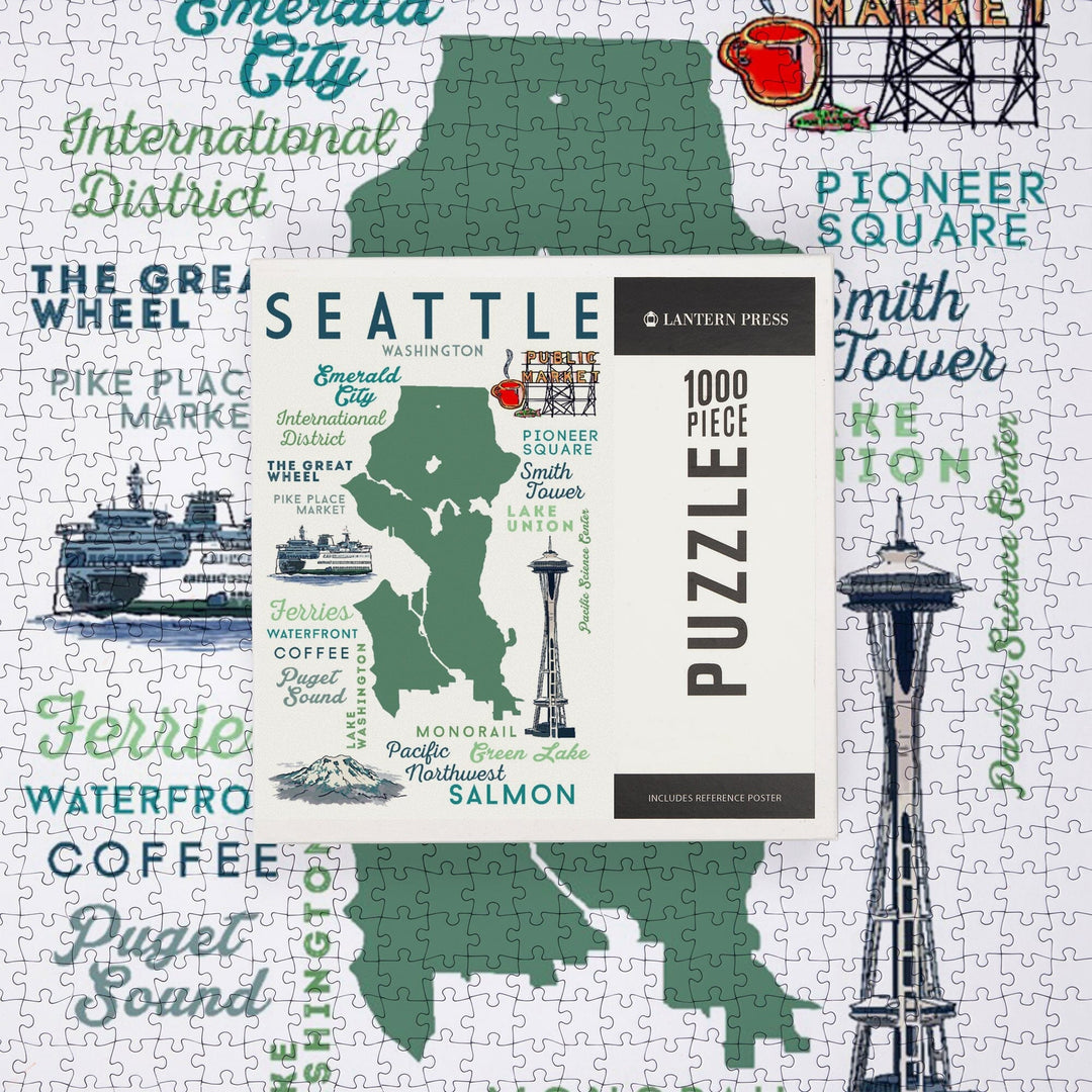 Seattle, Washington, Typography and Icons, Jigsaw Puzzle Puzzle Lantern Press 