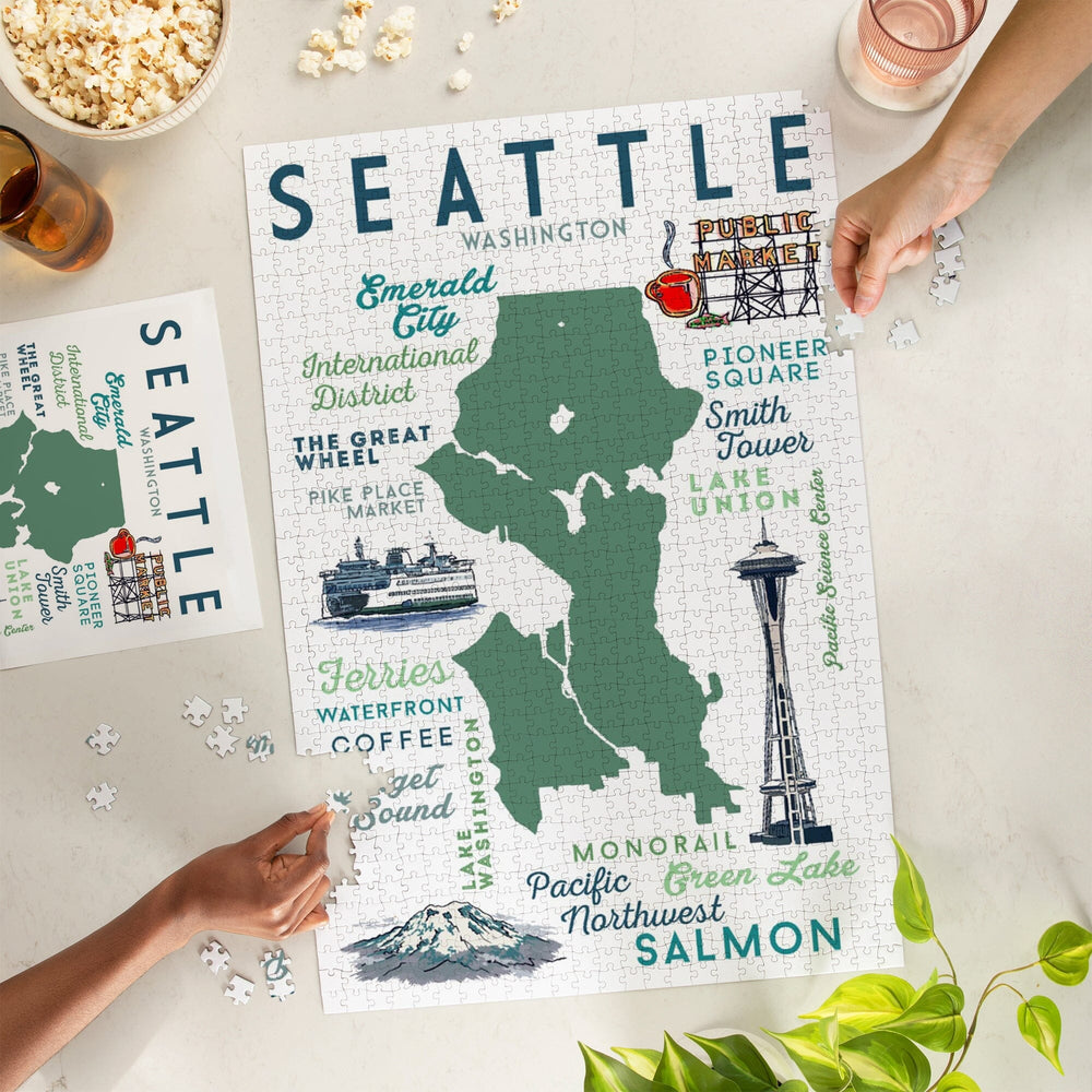 Seattle, Washington, Typography and Icons, Jigsaw Puzzle Puzzle Lantern Press 