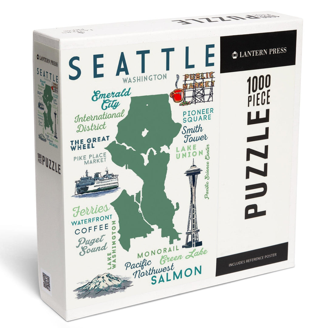 Seattle, Washington, Typography and Icons, Jigsaw Puzzle Puzzle Lantern Press 