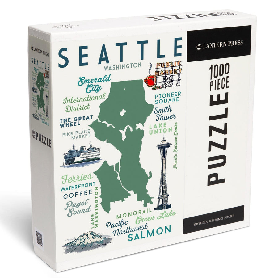 Seattle, Washington, Typography and Icons, Jigsaw Puzzle Puzzle Lantern Press 
