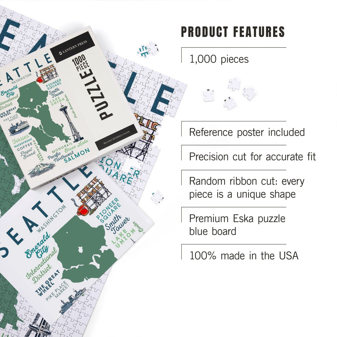 Seattle, Washington, Typography and Icons, Jigsaw Puzzle Puzzle Lantern Press 