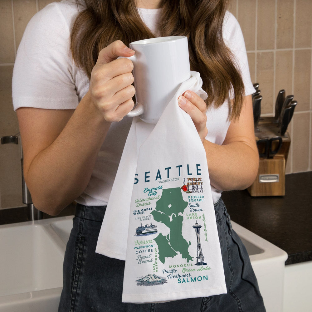 Seattle, Washington, Typography and Icons, Organic Cotton Kitchen Tea Towels Kitchen Lantern Press 