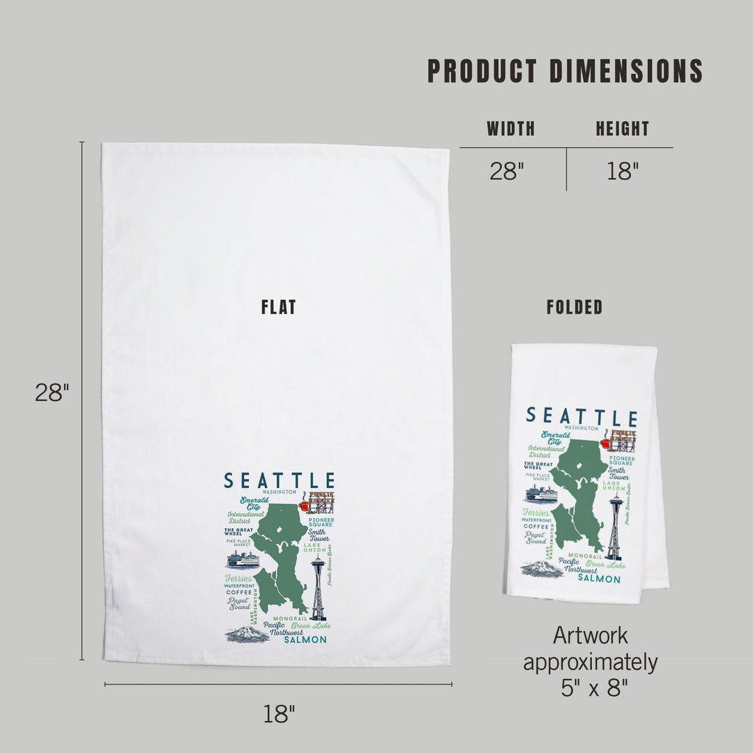 Seattle, Washington, Typography and Icons, Organic Cotton Kitchen Tea Towels Kitchen Lantern Press 