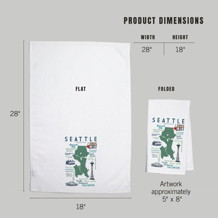 Seattle, Washington, Typography and Icons, Organic Cotton Kitchen Tea Towels Kitchen Lantern Press 