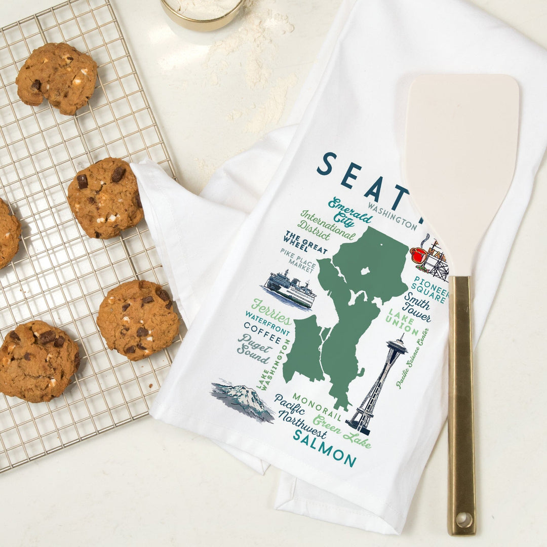 Seattle, Washington, Typography and Icons, Organic Cotton Kitchen Tea Towels Kitchen Lantern Press 