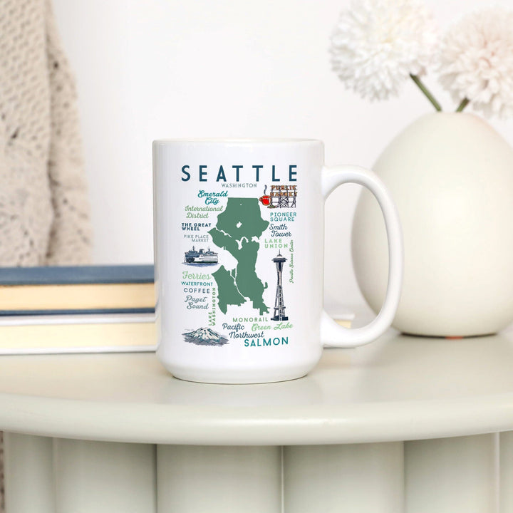 Seattle, Washington, Typography & Icons, Lantern Press Artwork, Ceramic Mug Mugs Lantern Press 