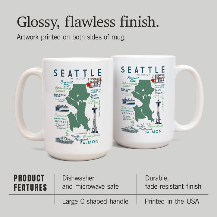 Seattle, Washington, Typography & Icons, Lantern Press Artwork, Ceramic Mug Mugs Lantern Press 