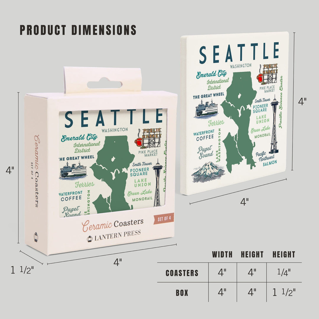 Seattle, Washington, Typography & Icons, Lantern Press Artwork, Coaster Set Coasters Lantern Press 