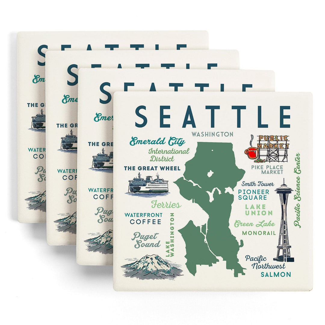 Seattle, Washington, Typography & Icons, Lantern Press Artwork, Coaster Set Coasters Lantern Press 