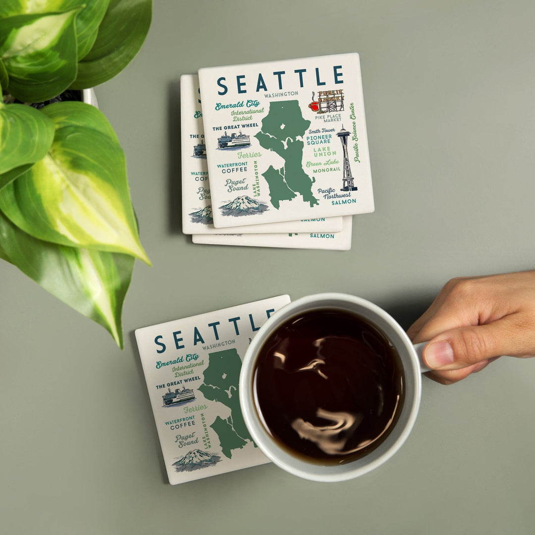 Seattle, Washington, Typography & Icons, Lantern Press Artwork, Coaster Set Coasters Lantern Press 