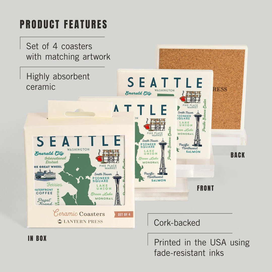 Seattle, Washington, Typography & Icons, Lantern Press Artwork, Coaster Set Coasters Lantern Press 